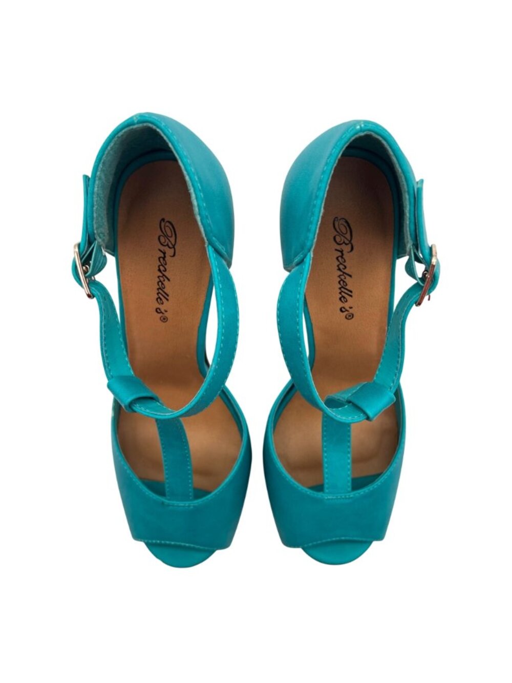 Breckelles Brina 21 Turquoise Platform Peep Toe Heels Womens Size 9 Buckle Strap - Picture 4 of 16